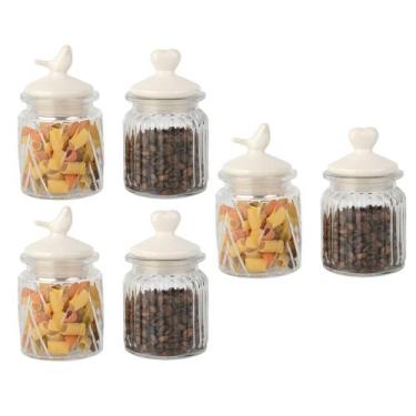 Imagem de Conjunto 6 Potes Vidro Tampa Cerâmica Pássaro Coração 300ml - CLASS HO