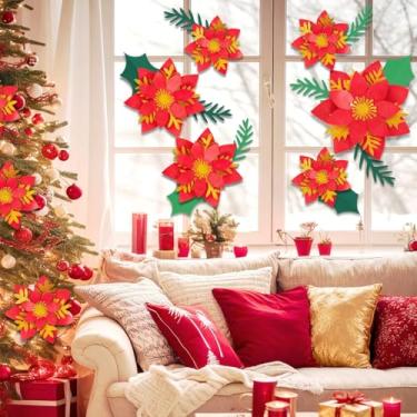 Imagem de PATTEPOINT Decorações de flores de papel para parede, 17 peças de poinsétia de Natal com detalhes dourados de glitter e folhas verdes vermelhas, papel de seda floral 3D para pendurar em casa, férias
