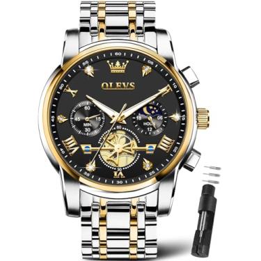 Imagem de OLEVS Relógios masculinos prateados, relógio cronógrafo masculino de aço inoxidável, analógico, quartzo, rosto grande, relógios masculinos luxuosos, à prova d'água, numerais romanos, vestido de