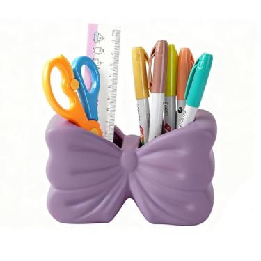 Imagem de Zaposcca Suporte de lápis de laço, suporte de caneta de cerâmica, lindo suporte de caneta para mesa, suporte de pincel de maquiagem, para escola, casa, decoração de mesa de escritório (roxo)