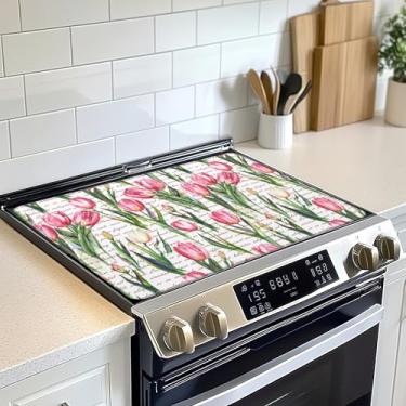 Imagem de Protetor de tampa superior de fogão elétrico de texto de flores de tulipa rosa, tapete de fogão de vidro plano, tapete de fogão de indução de forno resistente ao calor para tapetes de bancada de