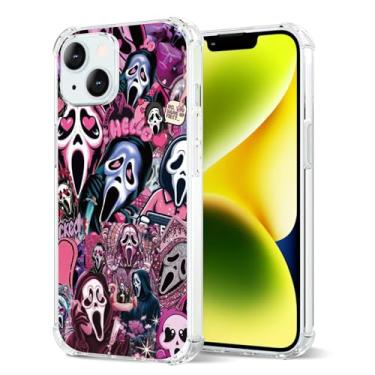 Imagem de Molecpulse Capa de telefone transparente com personagem de filme de terror rosa para iPhone 13/14, assustadora - Colagem chique para Halloween e estilo ousado