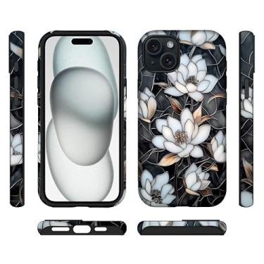Imagem de ilikediy Capa híbrida para iPhone 15 Plus com 2 camadas rígidas de silicone com estampa protetora - Magnólia de vitral