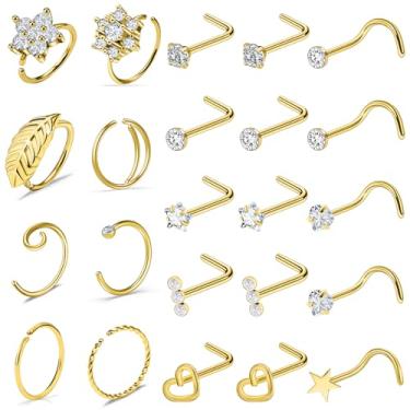 Imagem de Kridzisw Anéis de nariz de ouro 18G, argola e piercing para mulheres, calibre 18, aço cirúrgico de calibre 18, parafuso curvado, saca-rolhas, anel de nariz, argola e piercing de narina, joias