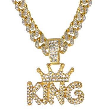 Imagem de GuoShuang Corrente de elos cubanos com pingente de coroa de rei para homens e mulheres, corrente cubana Miami de 45,7 cm, colar hip hop