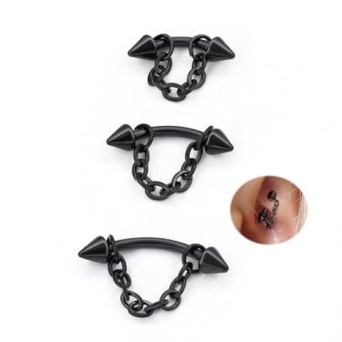 Imagem de ALACLO 3 peças de aço inoxidável 316L 16G Tragus Helix Rook Piercing Joia com corrente, brincos de cartilagem para mulheres, anel de umbigo, piercing de lábio vertical labret joia cone top (preto)