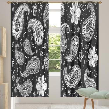 Imagem de 2 conjuntos de painéis de flores Paisley étnicas pretas cortinas transparentes arejadas com filtro leve painéis de cortina leve cortina de porta para janela para sala de estar, quarto, jantar, 192 cm