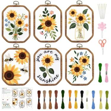 Imagem de INFUNLY 6 conjuntos de kits de bordado octógono de girassóis para iniciantes, kit de bordado com estampa de abelha, 29 x 39 cm, conjunto vintage de costura à mão, com instruções passo a passo para