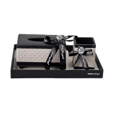 Imagem de Ioensy Organizador de Lenços de Papel com Suporte para Canetas E Guardanapos, Bandeja Decorativa, Preto e branco