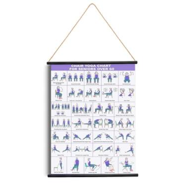 Imagem de hhdatc Pôster de tecido ilustrado com 31 poses, mesa de parede para ioga, com haste suspensa e corda dobrável, guia de mobilidade e guia de mobilidade, tabela de exercícios para escritório em casa ou