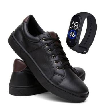Imagem de Sapatenis Masculino Couro Legitimo + Relógio Pulso Led-Masculino