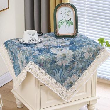 Imagem de Toalha de mesa quadrada pequena de cabeceira floral vintage, capa de mesa lateral rústica de fazenda com borlas, capa de mesa para quarto, cômoda, festa, decoração de casa, azul celeste, 84 x 84 cm