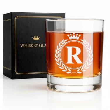 Imagem de Giftissimo Copos de uísque - Pedras presentes de vidro à moda antiga para homens, monograma A-Z 290 ml copos de uísque personalizados, presentes de aniversário de Natal para homens ele pai pai marido