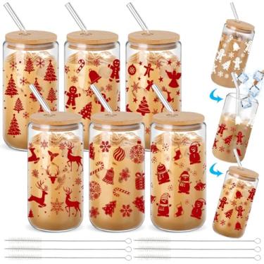 Imagem de Potchen 6 peças de copos de mudança de cor de Natal com tampas e canudos 473 ml Copos de vidro de Natal copo de café gelado de Natal pode moldar copos para decoração de lembrancinhas de festa de