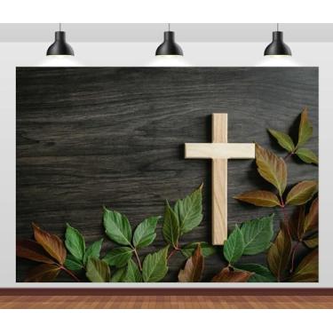 Imagem de CORFOTO 2,1 x 1,5 m Tecido Cruz Cristã Pano de Fundo Cruz e Folhas Verdes em Fundo de Madeira Crença Religiosa Igreja Cristã Decoração Banner Páscoa Photoshoot Studio Prop