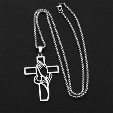 Imagem de Colar de cruz cristã para filho - Pingente masculino de aço inoxidável com superfície prateada polida, presente religioso inspirador de pai e mãe, presente de aniversário de confirmação de batismo