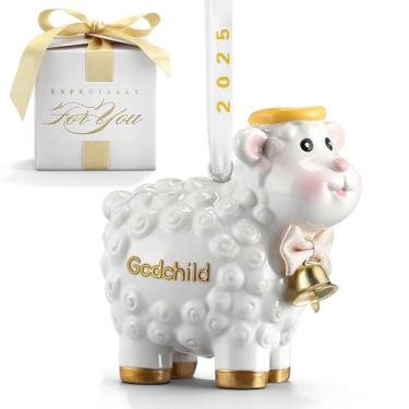 Imagem de ElectricWise Enfeite de Natal 2025, enfeites de lembrança de cordeiro cristão fofos, presentes de batismo de dedicação de bebê recém-nascido para menino, afilhado, decoração personalizada de porcelana