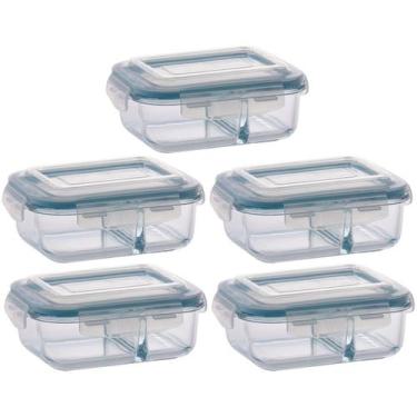 Imagem de Kit 5 Pote Vidro Retangular Divisória Tampa Hermética 640ml - QUALITY 