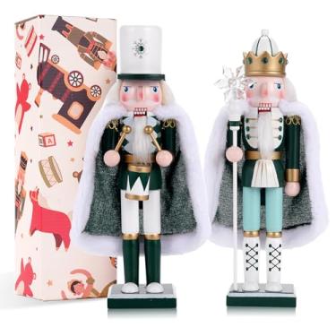 Imagem de Tpudn 2 peças de decorações de Natal de madeira soldado quebra-nozes, bonecos tradicionais pintados quebra-nozes de 30 cm, enfeite de Natal colecionável festivo presente para amigos da família