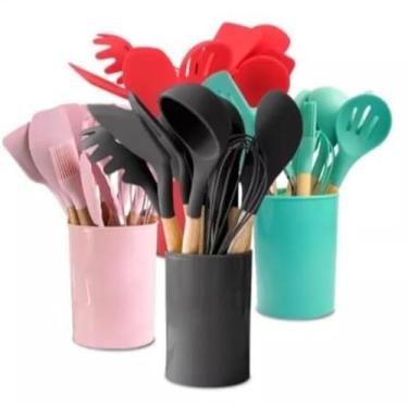 Imagem de Kit 12 Utensílios de Cozinha Silicone - Cabo de Madeira - Livre de BPA #
