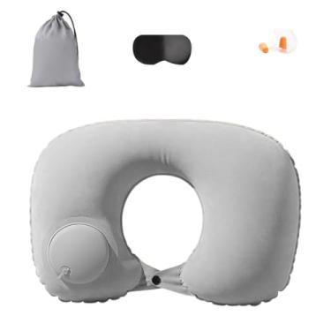 Imagem de Travesseiro de Pescoço em Forma U Inflável Portátil para Viagem do Tipo Pressão Modelo Flocking com Inflação Rápida Design Compacto Plegável Elasticid