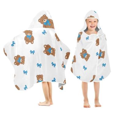 Imagem de Burbuja Ursos usando gravata borboleta azul toalha de banho com capuz para crianças, toalha de praia de pelúcia macia absorvente para meninas meninos chuveiro 3-10 anos, 61 x 127 cm