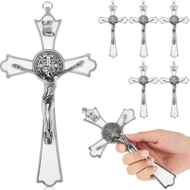 Imagem de Leinuosen 6 peças cruz de parede crucifixo de Jesus São Bento esmalte crucifixo metal cruz católica sagrada São Bento arte de parede de metal para presente espiritual fé bênção batismo rosário