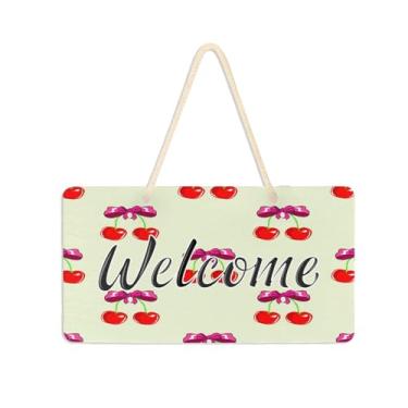 Imagem de Burbuja Placa de boas-vindas de cerejas vermelhas com laços para porta da frente, placa de boas-vindas de PVC para decoração de férias, 15 x 28 cm