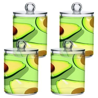 Imagem de STAYTOP 4 frascos de boticário Qtip para banheiro com etiquetas – Recipiente de armazenamento Qtip de plástico transparente acrílico para bola de algodão, cotonete, grão de café e abacate verde