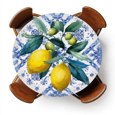 Imagem de YEYE JUICE Toalha de mesa redonda com elástico para uso externo para mesas de 114 a 142 cm, capa de mesa redonda à prova d'água para jantar interno, piquenique, acampamento (limão de verão)