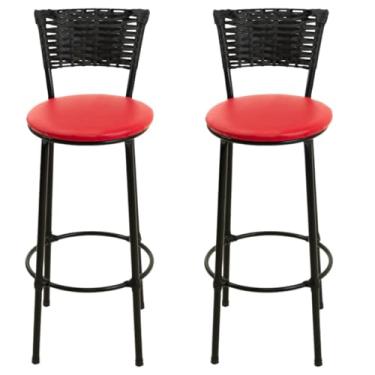 Imagem de Jogo De 2 Banquetas Alta De Fibra Sintética PRETO Casa Bar Balcão Junco Vime(VERMELHO)