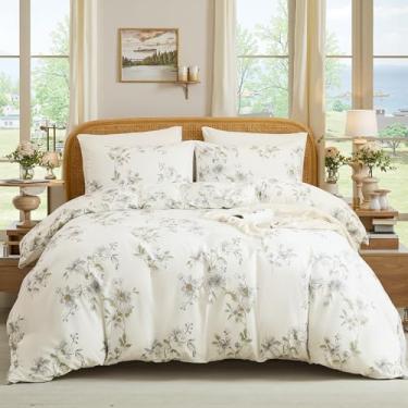 Imagem de Cozaline Conjunto de capa de edredom Queen 100% algodão – Conjunto de cama floral em aquarela fresca creme 3 peças, capa de edredom reversível ultra macia com fecho de zíper, conjunto de cama botânico