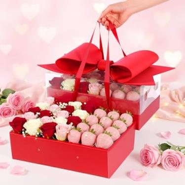 Imagem de AceOrbit 1 conjunto de caixa de presente vermelha grande de dia dos namorados com laço de papel cestas de presente vazias com tampa e alça caixa de flores quadrada para mulheres, casamento