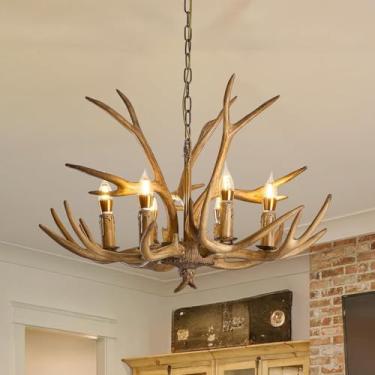 Imagem de Lustre Pendente Retrô Estilo Vela com Chifres de Veado em Resina Rústica para Sala de Jantar, Cozinha, Ilha, Cabana, Bar, Hall de Entrada, Ajustável, Marrom (6 Lâmpadas)