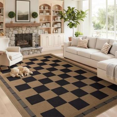 Imagem de Tapetes de juta xadrez, tapete grande lavável para pátio ao ar livre, sala de estar, quarto, sala de jantar, tapete interno, antiderrapante, moderno, design de casa de fazenda, neutro, geométrico