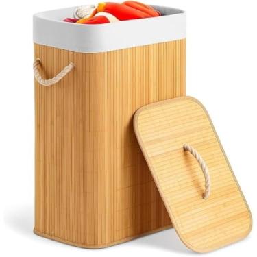 Imagem de Cesto de Bambu Natural para Roupa Suja, 60L, com Tampa, Alças de Corda, Forro Removível, para Lavanderia, Área de Serviço, Banheiro e Quarto Premium Produto 100% sustentável