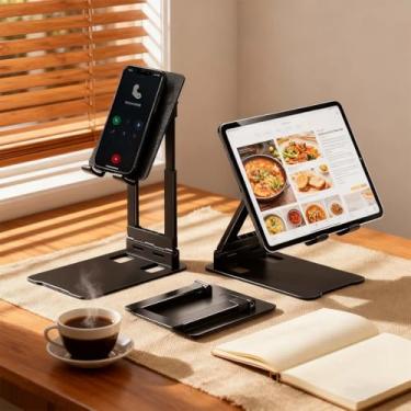 Imagem de Suporte de telefone ajustável de altura dobrável com almofada de silicone, suporte para celular para uso na mesa no escritório e em casa (preto)