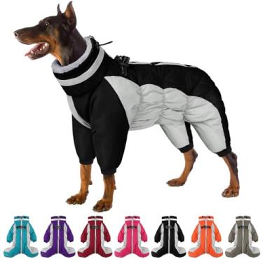 Imagem de SUNFURA Casaco de cachorro de lã quente de quatro pernas, casaco de inverno refletivo de gola rolê para cães com arnês, à prova de vento, impermeável, casaco de neve para cães pequenos, médios e