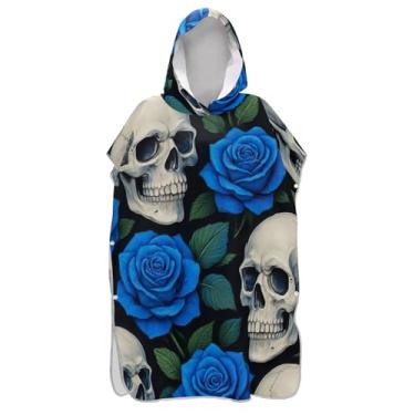 Imagem de TSENQUE Roupão para adultos, poncho de surfe, com capuz, toalha de natação, leve, frio, crânios brancos, rosas azuis, poncho com capuz