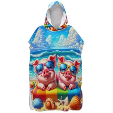 Imagem de Joisal Poncho de surf de porco de desenho animado para adultos plus size ponchos femininos com capuz toalha de natação fofo