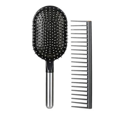 Imagem de Dioche Conjunto de Pente de Cabelo de 2 Peças, Pente de Dente Largo e Escova de Almofada de Ar de Massagem, Alça Antiderrapante Antiestática para Cabelos Cacheados e Lisos (GREY)