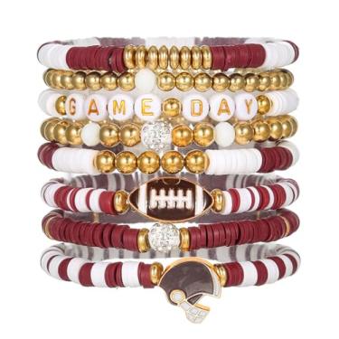 Imagem de Qszmjo Pulseiras femininas de dia de jogo com contas de futebol americano empilháveis pulseira esportiva futebol mãe joias acessórios, One Size, Argila de polímero, Sem Pedra Preciosa