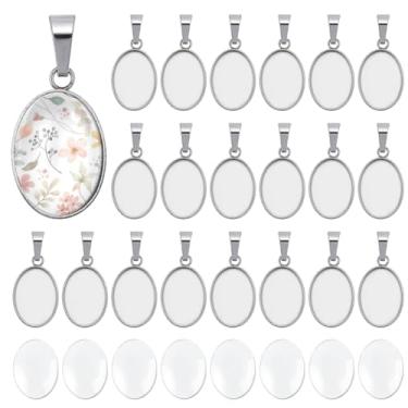Imagem de UNICRAFTALE 50 conjuntos de pingentes ovais cabochão configurações de aço inoxidável borda fresada bisel copos bandeja oval pingentes cabochão para mulheres colares bandeja de fabricação de joias