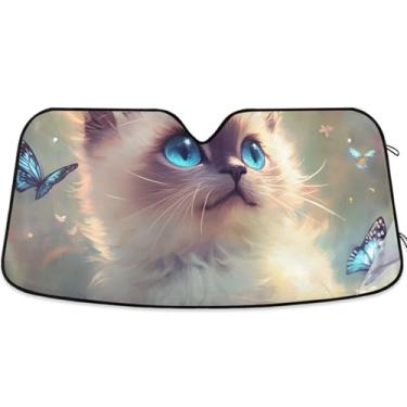Imagem de Guarda-sol personalizado fofo gato borboleta carro para-sol para-brisa retrátil dobrável janela de carro para-brisa frontal floral animal M, 139.7 cm x 70.1 cm