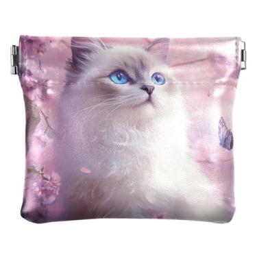 Imagem de Carteira feminina personalizada para moedas e bolsas de couro bonito vaca highland monocromática aperto cartão bolsa de troca, Ragdoll Gato Flor de Cerejeira Rosa, one size, Minimalista moderno