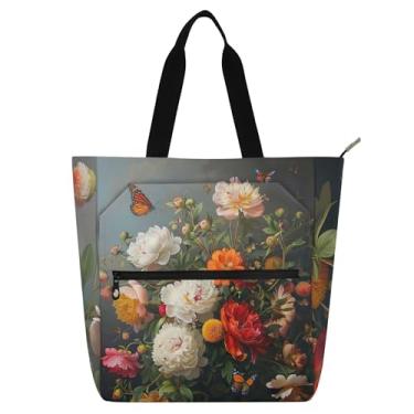 Imagem de GAIGEO Bolsa de lona reutilizável colorida com estampa de buquê floral com zíper para mulheres, crianças, escola, trabalho, bolsa de lona