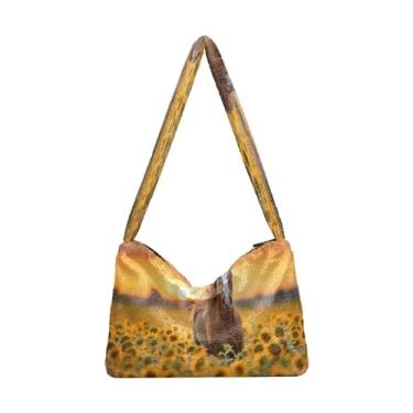 Imagem de Bolsa de ombro verde Monstera tropical com folhas de palmeira, bolsas de ombro, bolsas de mão para livros para mulheres, Cavalo nascer do sol no campo de girassóis - 4, One Size