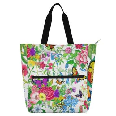 Imagem de GAIGEO Bolsa feminina com estampa de flores variadas, borboletas, azulejos, bolsa de trabalho, lona, praia, livro com zíper, bolsa de escritório com compartimentos
