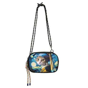 Imagem de TSENQUE Bolsa feminina divertida de gato noite estrelada bolsa transversal pequena bolsa para celular bolsas femininas fofas bolsas de ombro