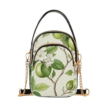 Imagem de Cão Pug gráfico em desenho animado pequeno transversal com corrente dourada, bolsas transversais femininas, bolsa tiracolo de ombro para mulheres, Frutas frescas verdes no ramo natural-1, One Size